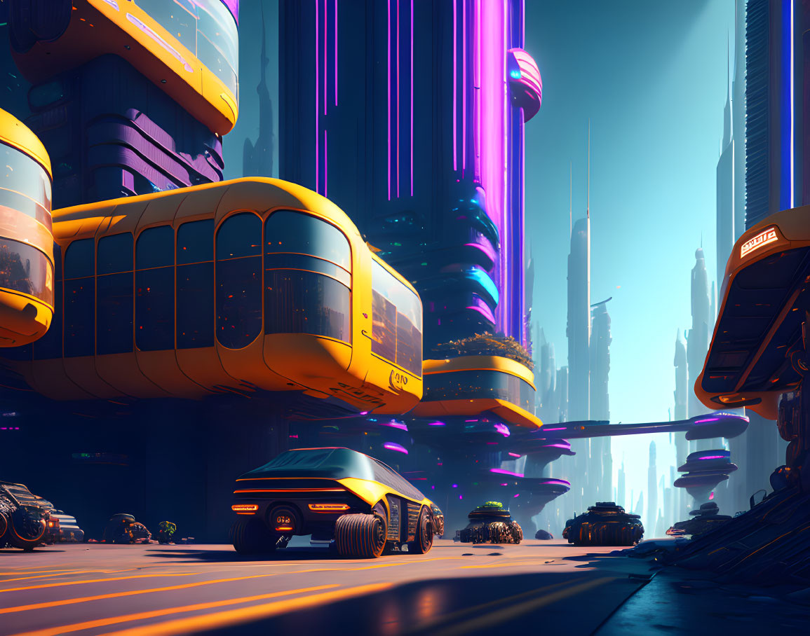 Futuristic cityscape with towering skyscrapers and neon lights