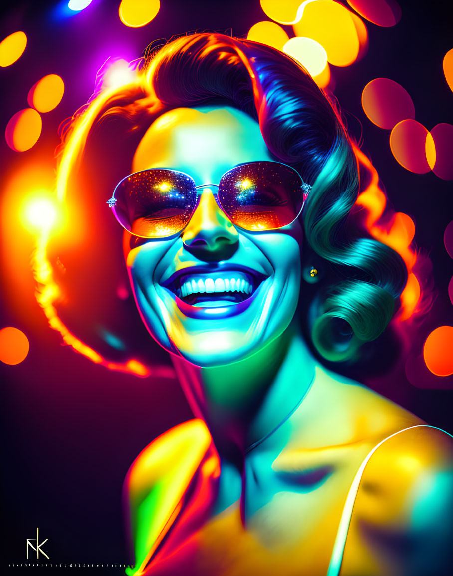 Colorful digital artwork: Smiling woman with retro hair and star-reflected sunglasses against bokeh light