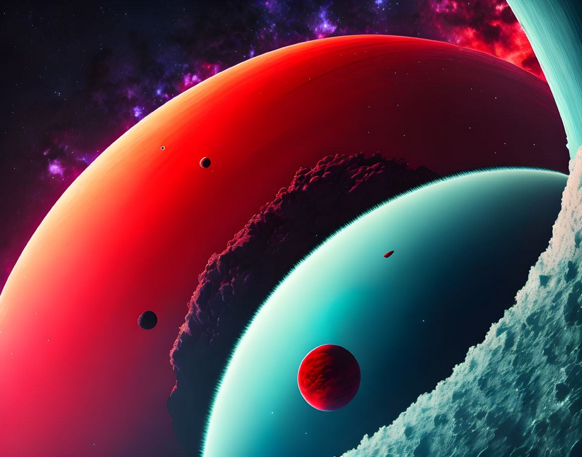 Colorful space scene with red planet, blue-green planet, moons, starry sky, and neb