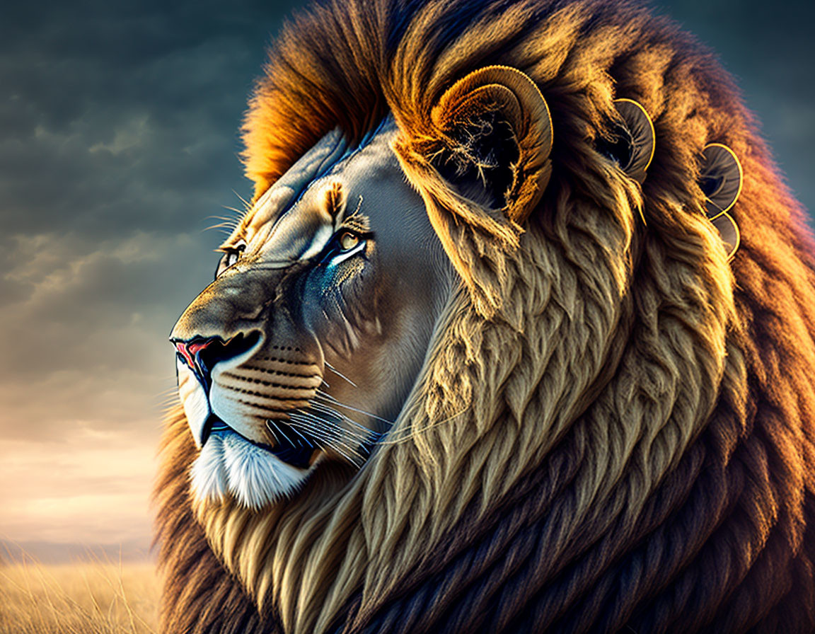 Profile view of majestic lion with voluminous mane under dramatic sky