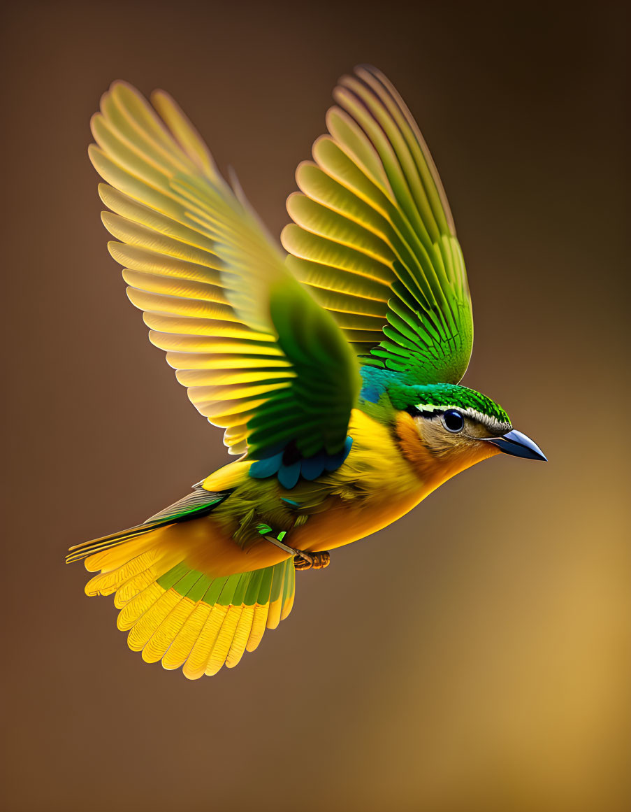 Colorful Bird Flying with Spread Gradient Wings on Brown Background