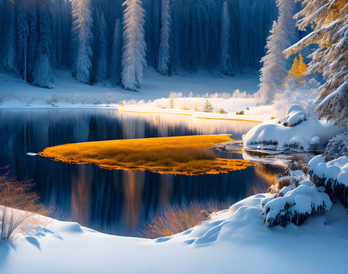 Snow-covered shoreline with reflective lake and frosted trees.