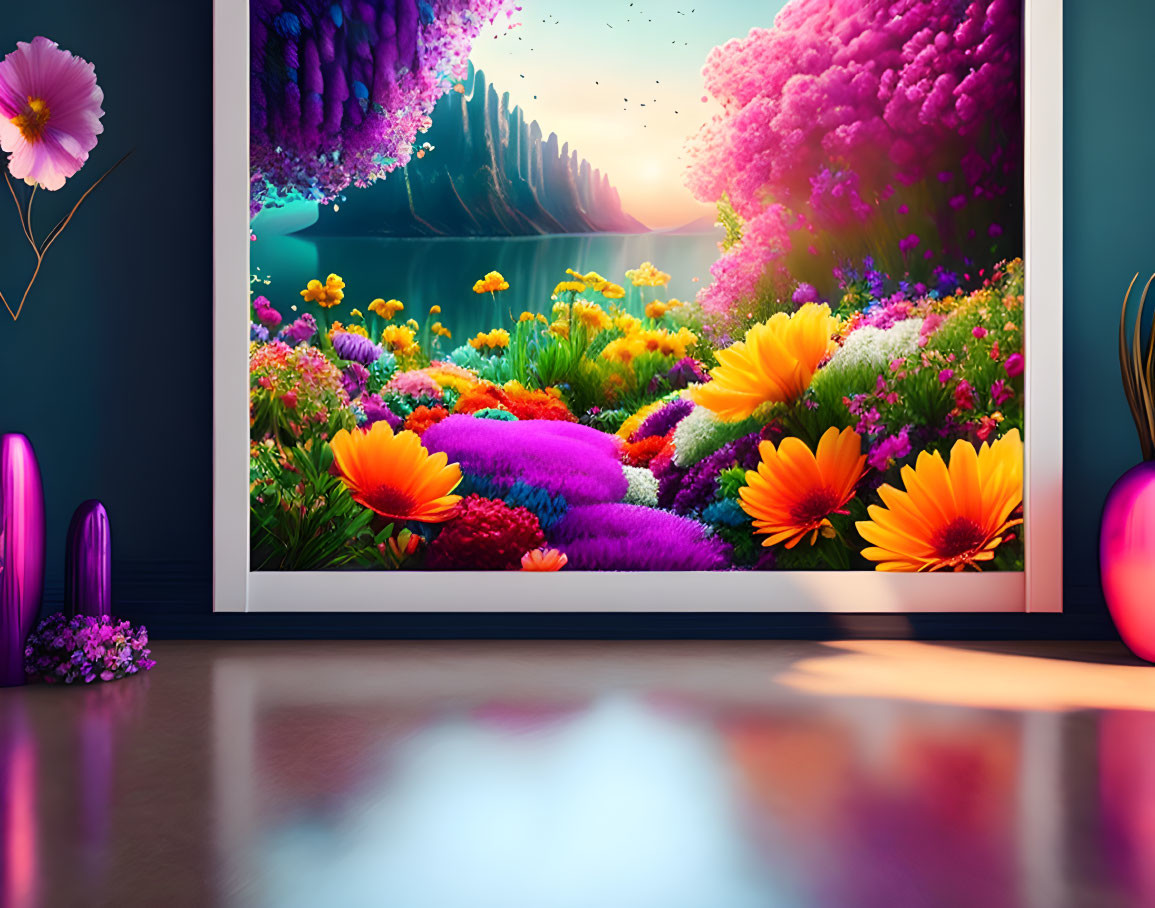 Colorful floral landscape painting in vibrant room