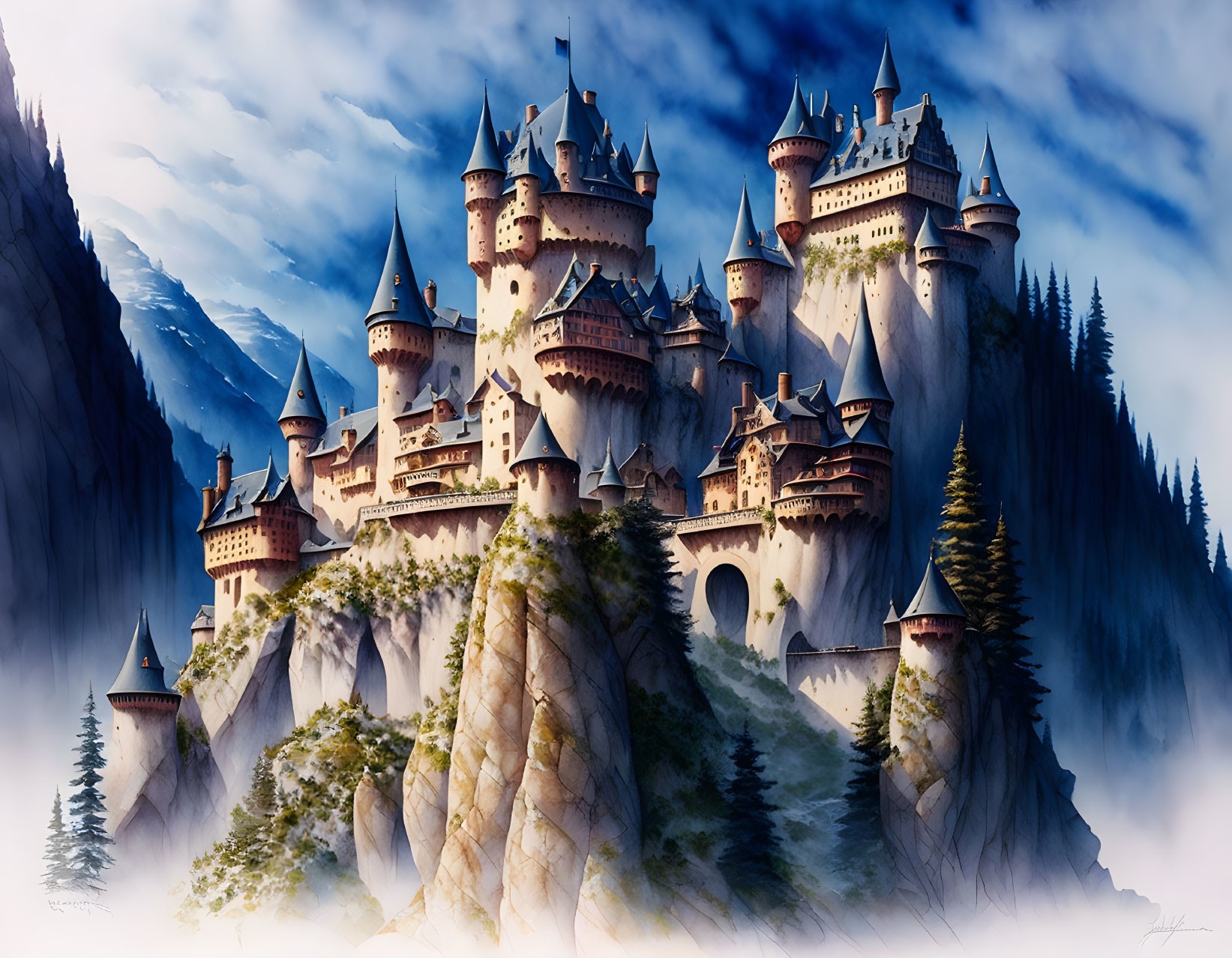 Majestic fantasy castle on rocky cliff with pine forests and misty mountains