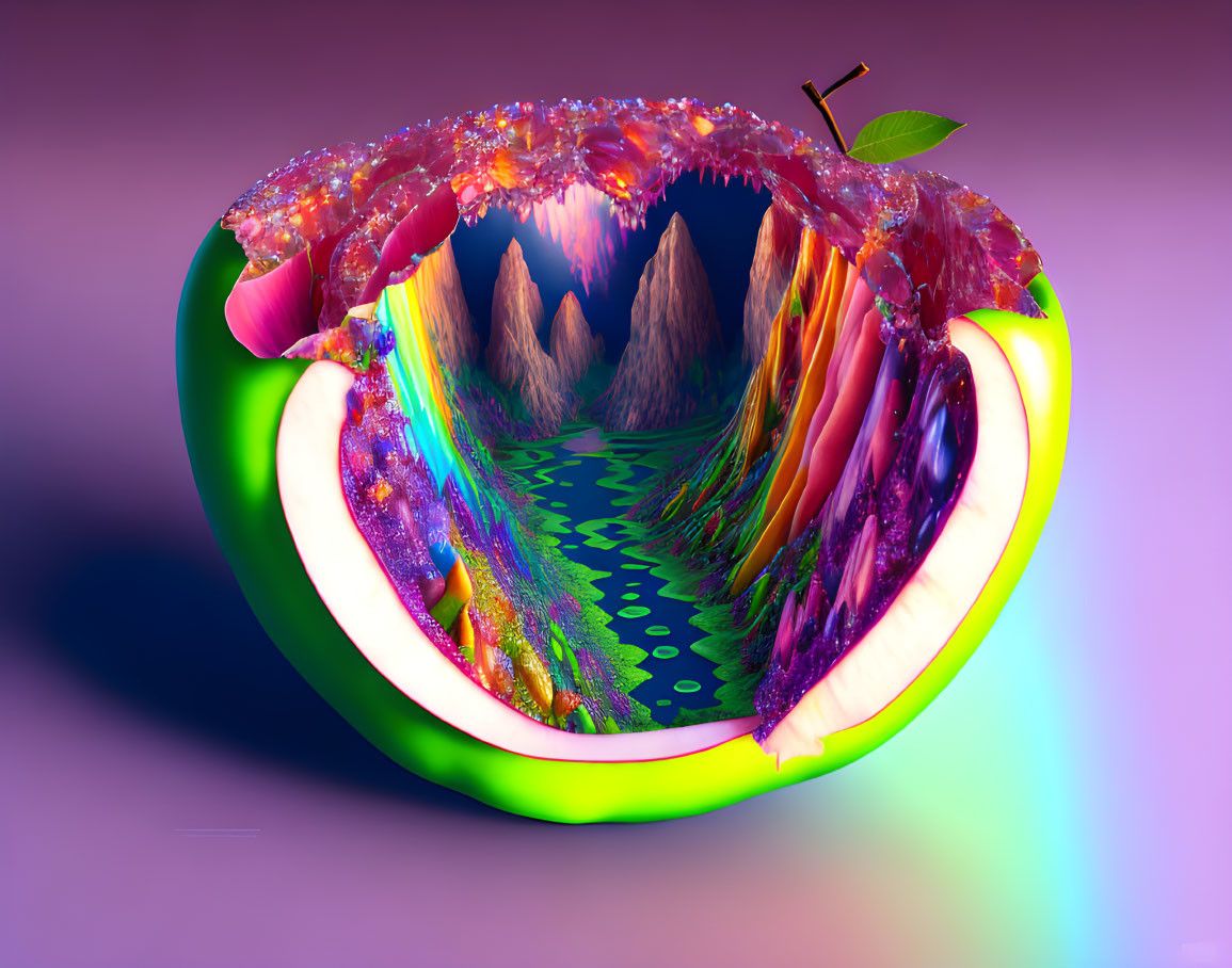 Colorful fantasy landscape in apple slice with mountains, river, and rainbow sky.