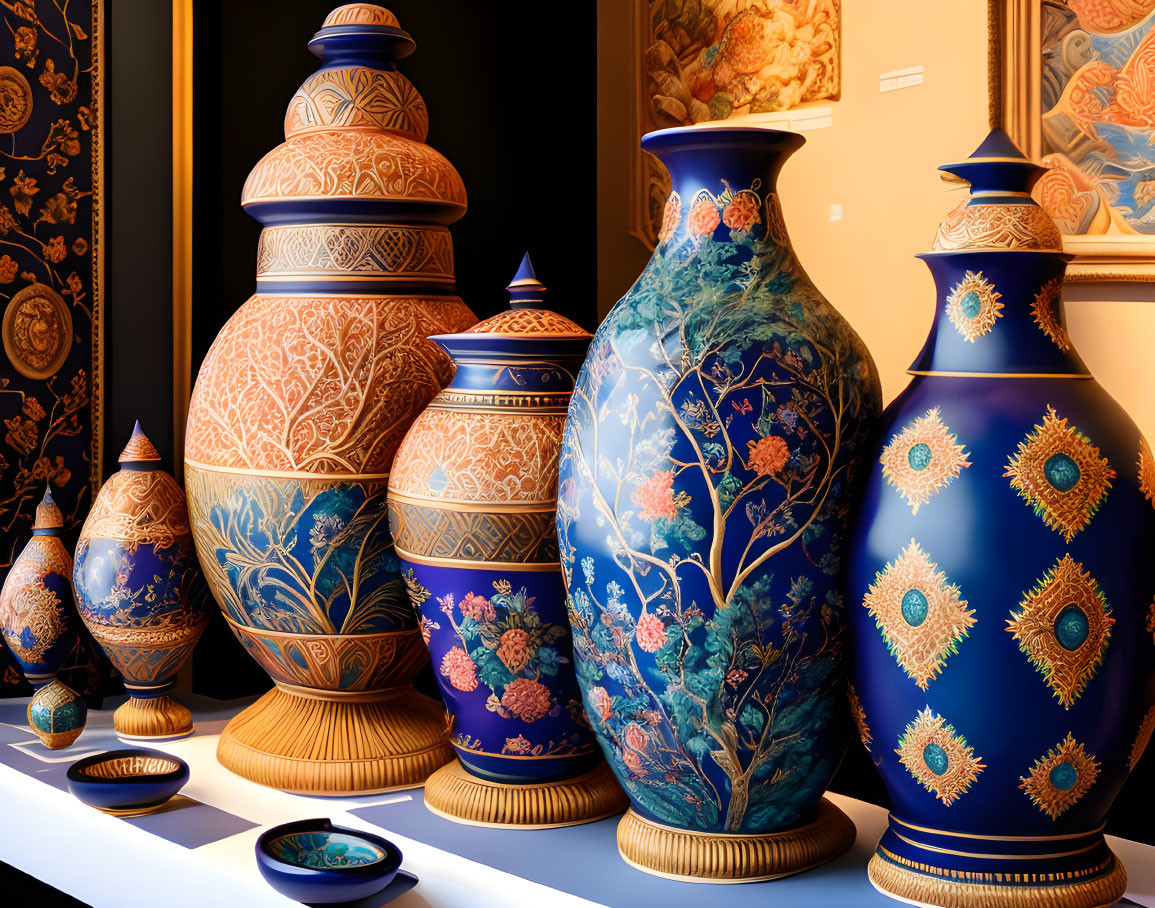 Ornate Ceramic Vases with Blue, Gold, and White Patterns on Dark Background