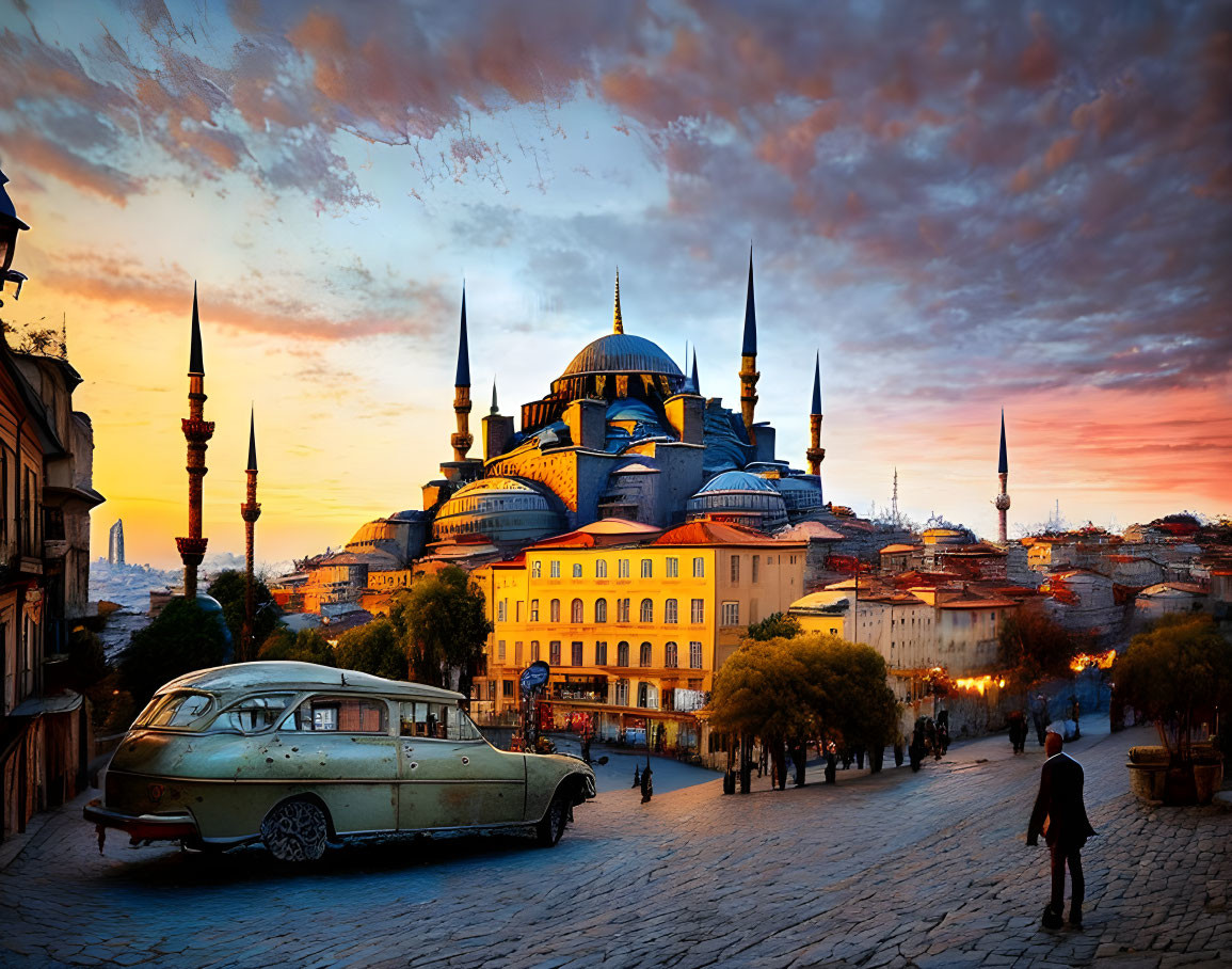 Historical mosque silhouette at sunset with person, vintage car, and dramatic sky