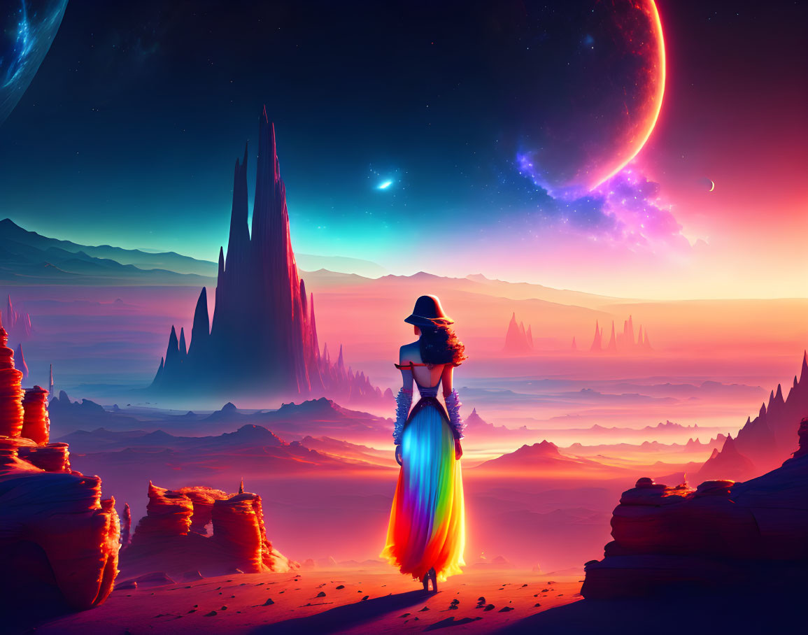 Wizard contemplating vibrant alien landscape with towering spires and starry sky.