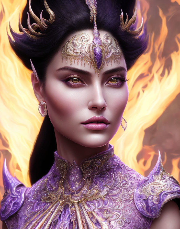 Regal woman digital artwork with purple headdress and flames