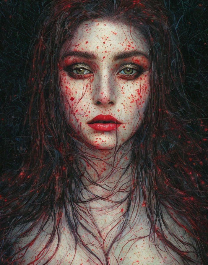 Woman with Green Eyes and Red-Splattered Face Staring Forward