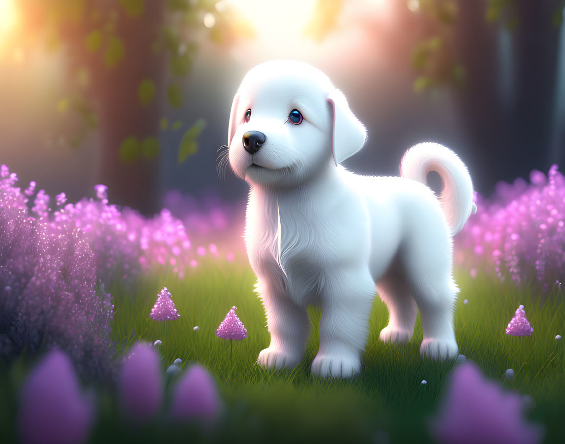 Fluffy White Puppy in Enchanting Forest Clearing