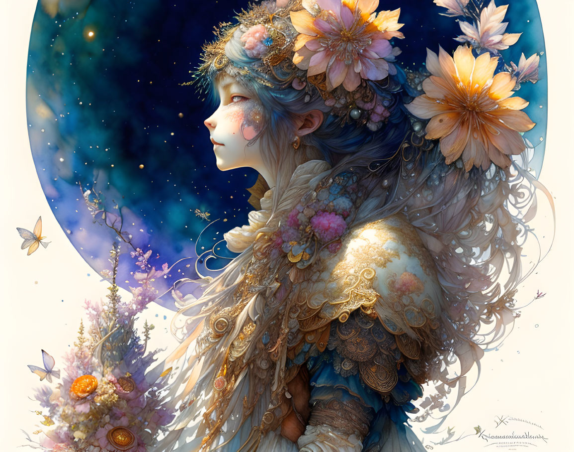 Blue-skinned female figure adorned with flowers and lace in cosmic setting.