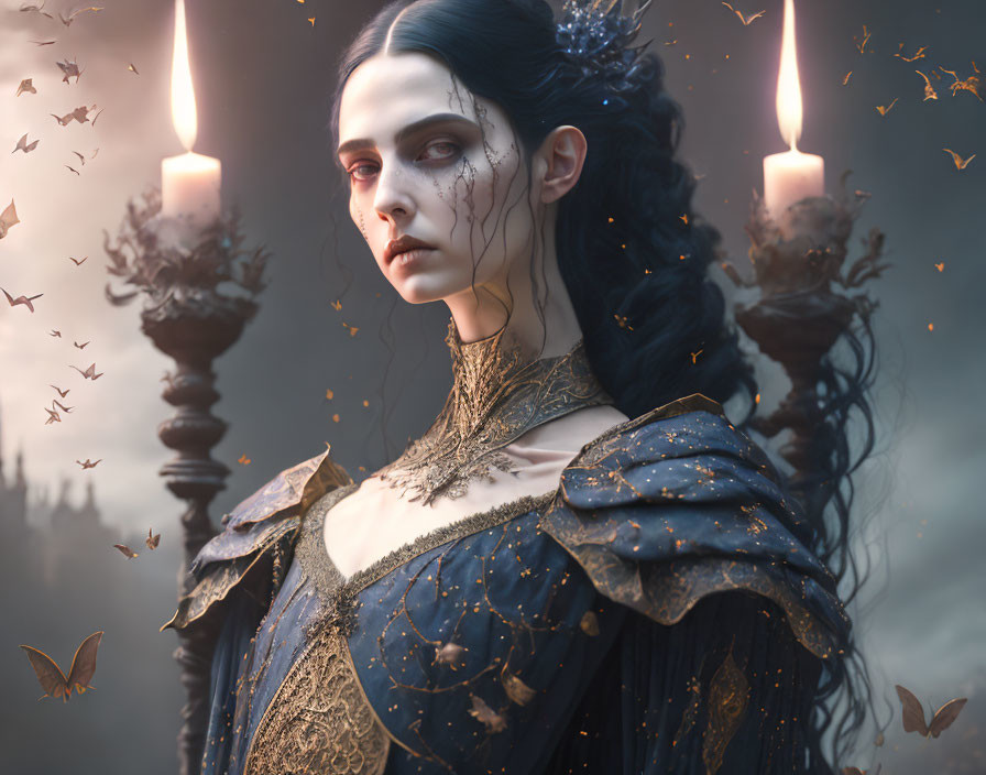 Dark-haired ethereal woman in gothic dress among candles and moths.