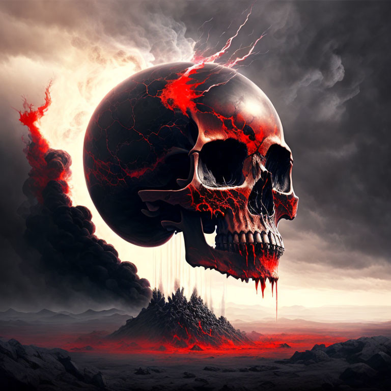 Glowing giant skull over volcanic landscape with lava flows