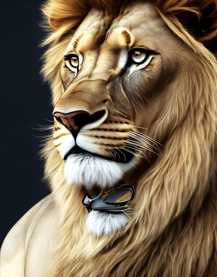 Stylized lion with human-like eyes and glasses in digital art