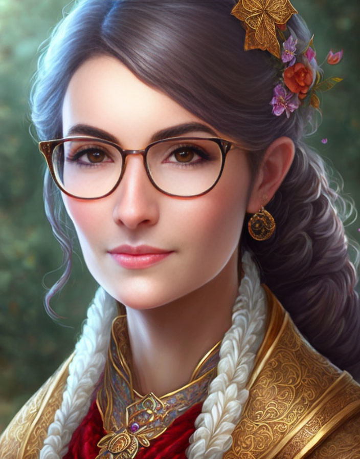 Woman with Glasses and Braided Hairstyle in Elegant Golden Attire