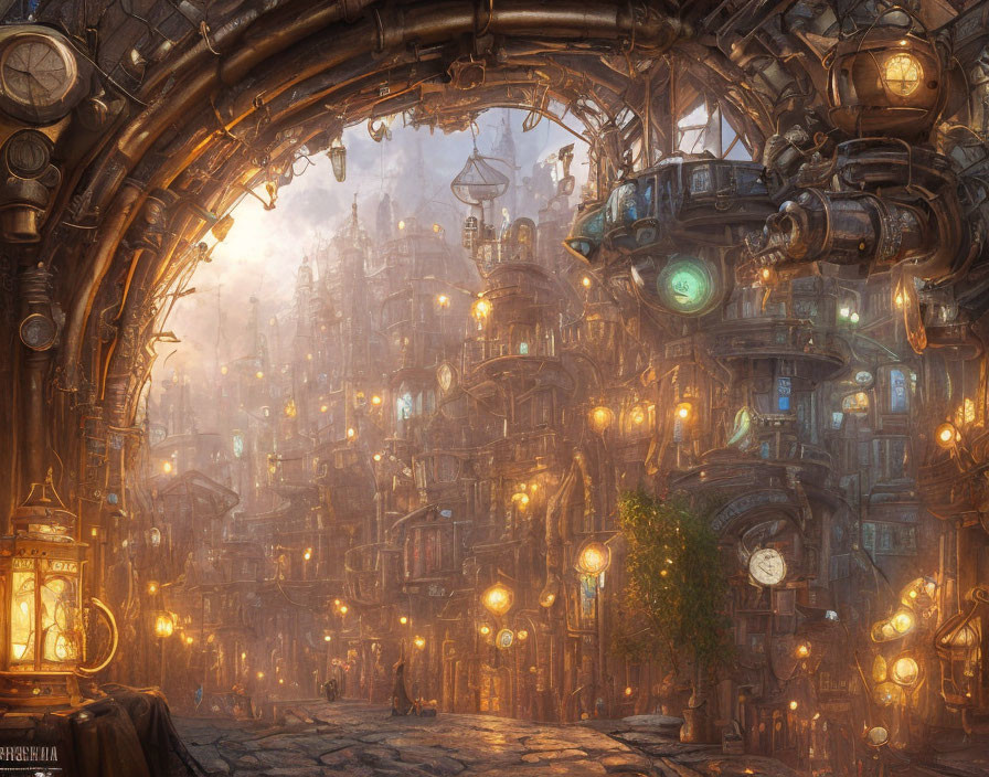 Steampunk cityscape with lit lamps and cogwheel structures