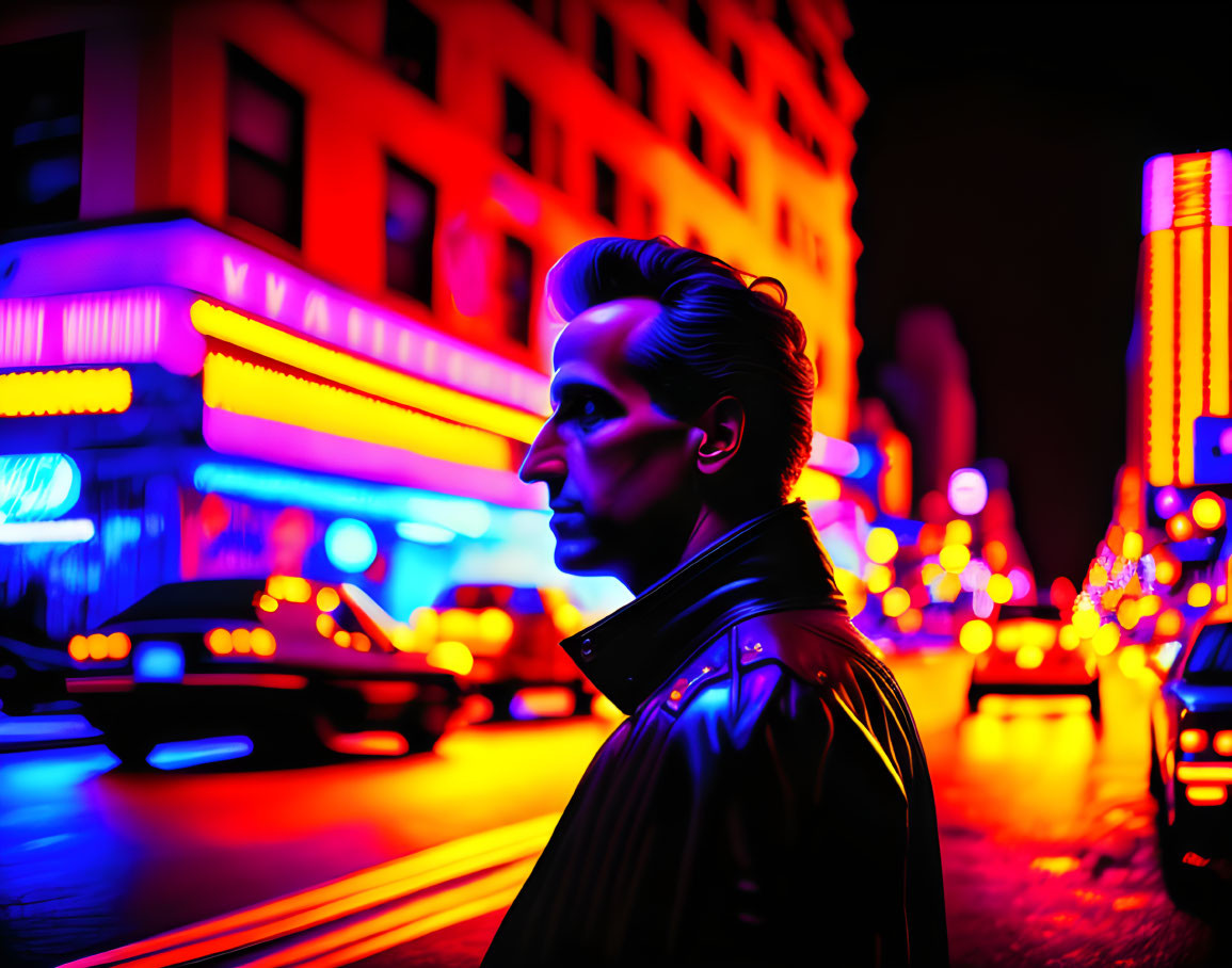 Man in leather jacket on neon-lit city street at night