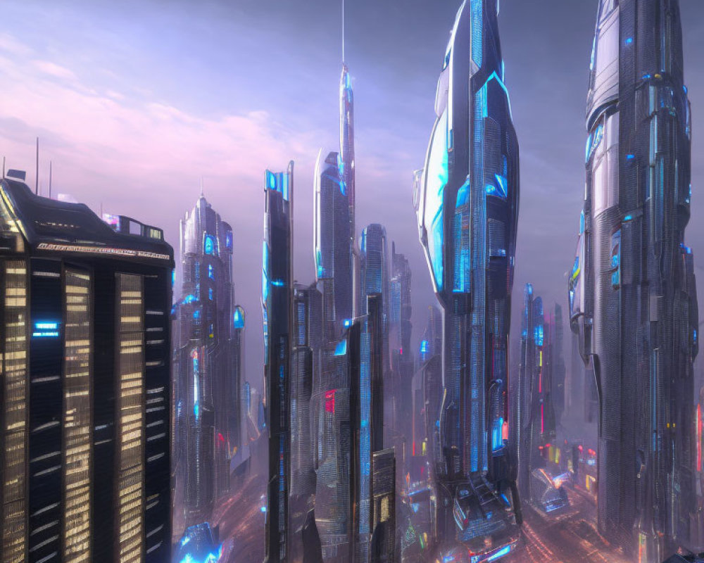 Futuristic cityscape at dusk with skyscrapers and neon lights