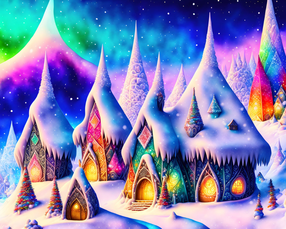 Colorful Winter Fantasy Scene with Whimsical Houses and Trees