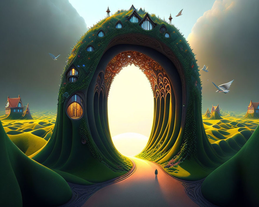 Giant tree arch gateway in whimsical landscape with rolling hills