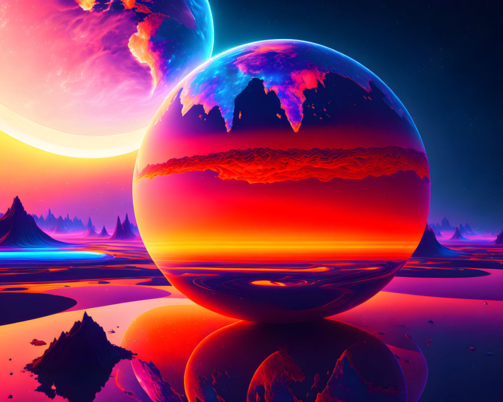 Sci-fi landscape with reflective sphere, mountains, luminous bodies, orange & blue sky