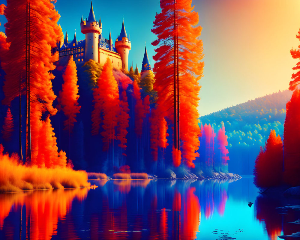 Fairytale castle surrounded by autumn trees near serene lake