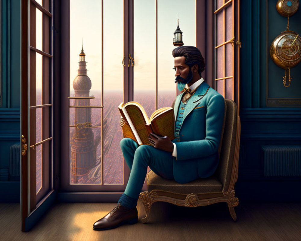 Sophisticated man in teal suit reading near city skyline at sunset