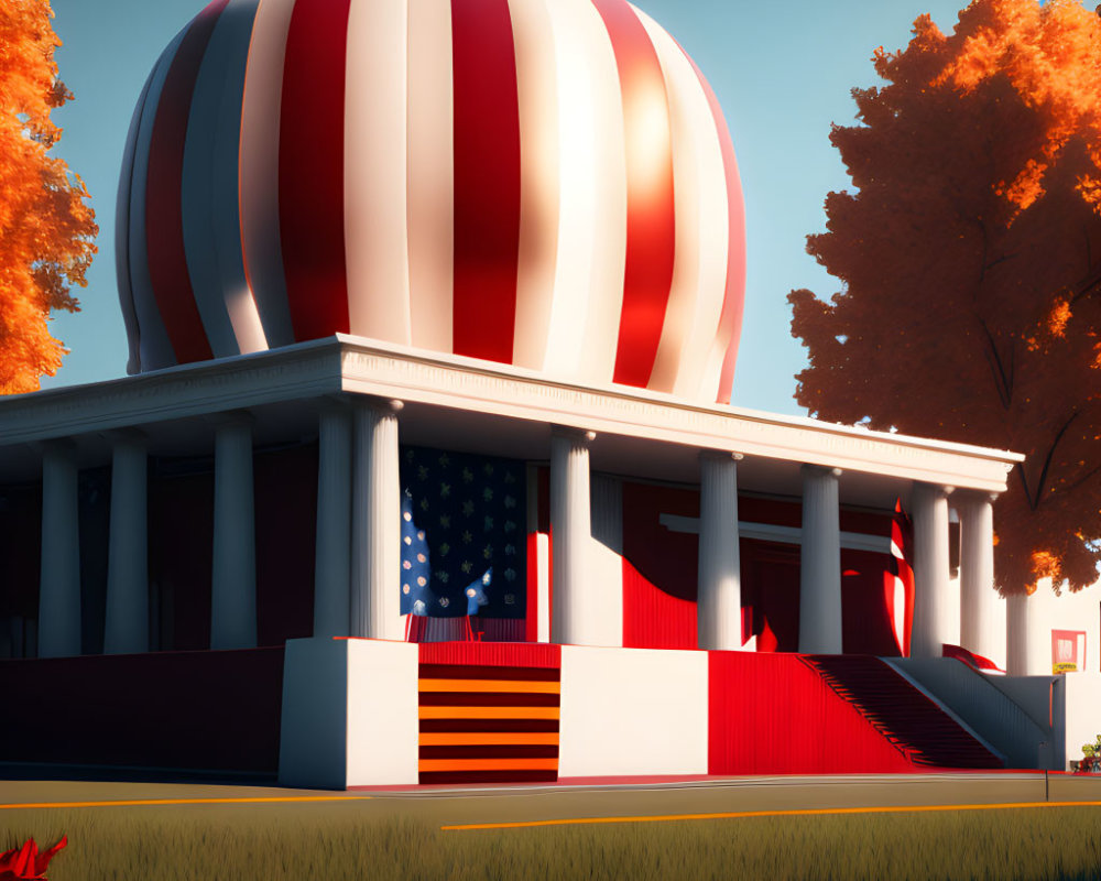 Patriotic-themed building with US flag hot air balloon design and autumn trees