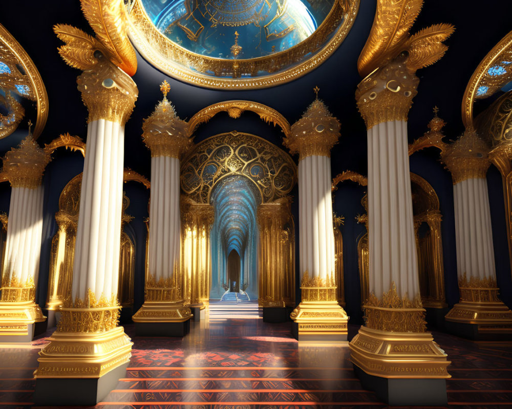 Luxurious hall with golden columns and intricate blue-gold design.