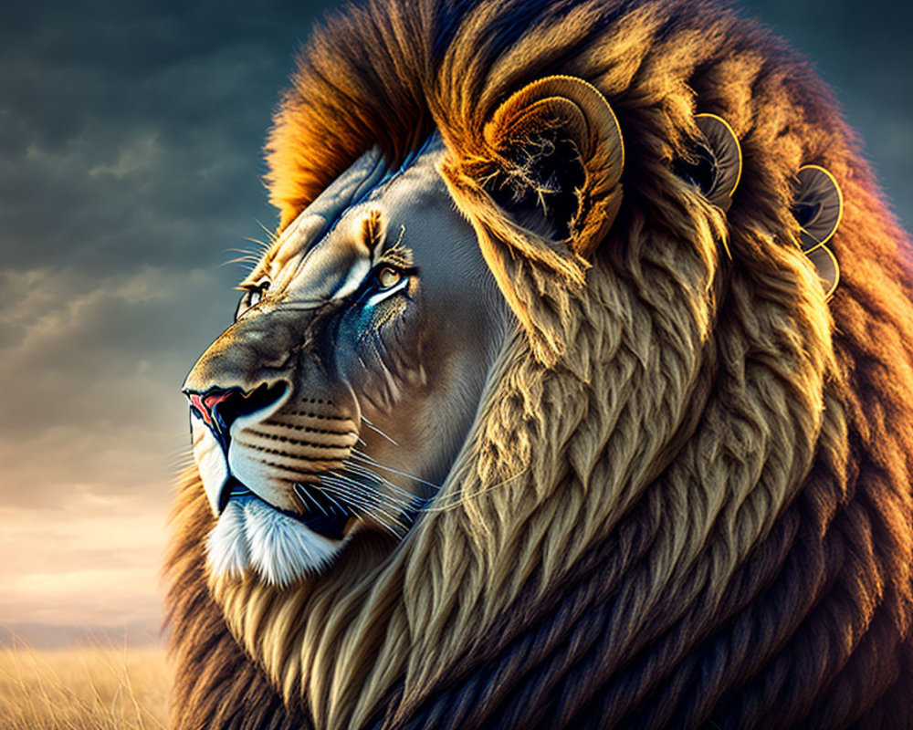 Profile view of majestic lion with voluminous mane under dramatic sky