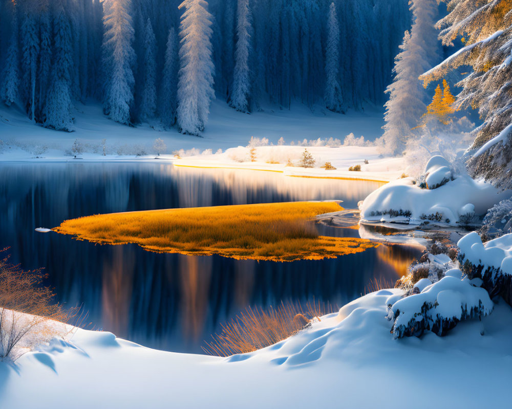 Snow-covered shoreline with reflective lake and frosted trees.