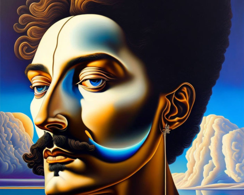 Surreal portrait featuring male and female fusion with facial hair and earrings against cloudy sky and mountain.