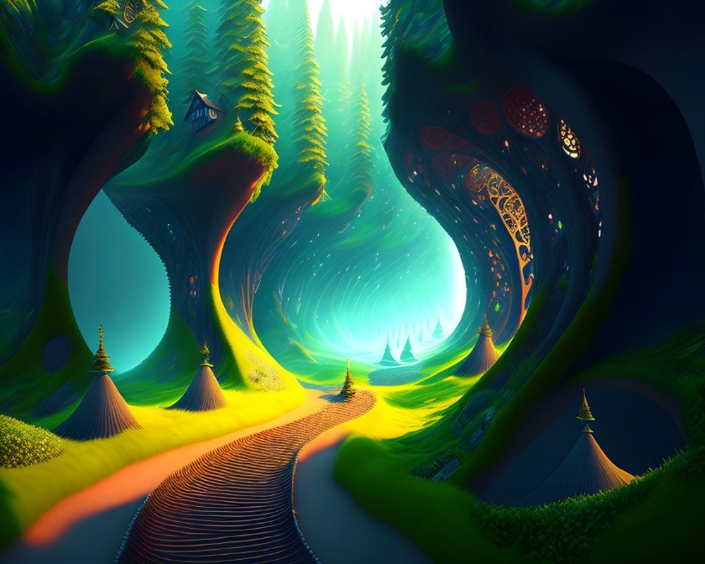 Glowing trees and whimsical structures in a fantasy forest