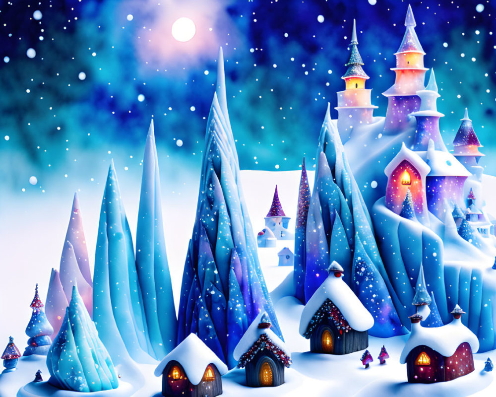 Snow-covered winter village with glowing cottages and icy trees at night