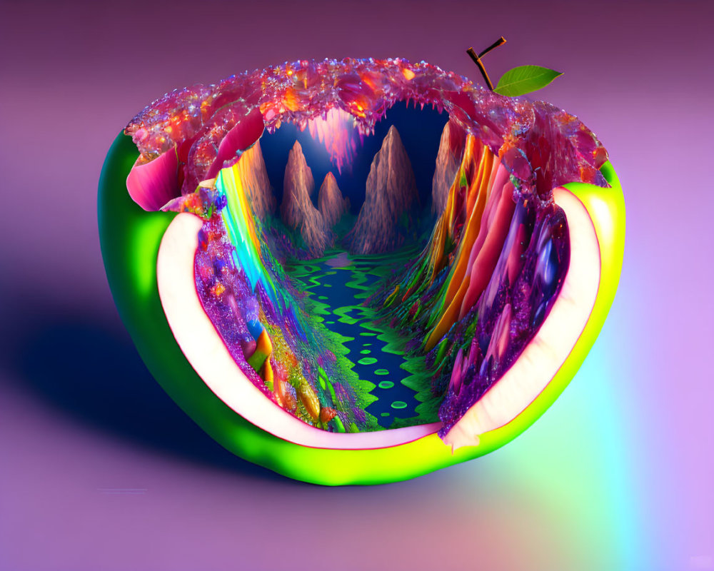 Colorful fantasy landscape in apple slice with mountains, river, and rainbow sky.