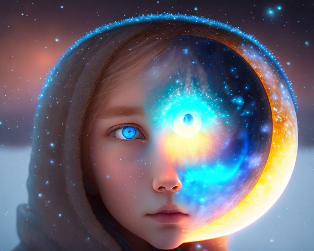 Child with cosmic glowing eye in nebula reflection against starry background