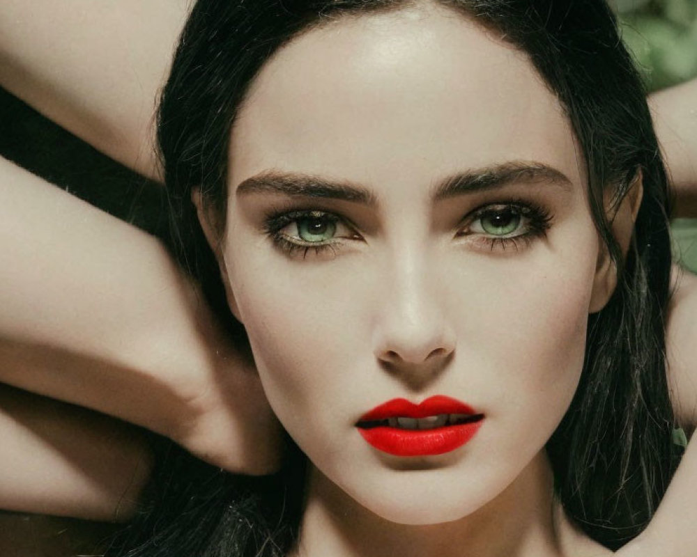 Close-up Portrait of Woman with Dark Hair and Striking Green Eyes