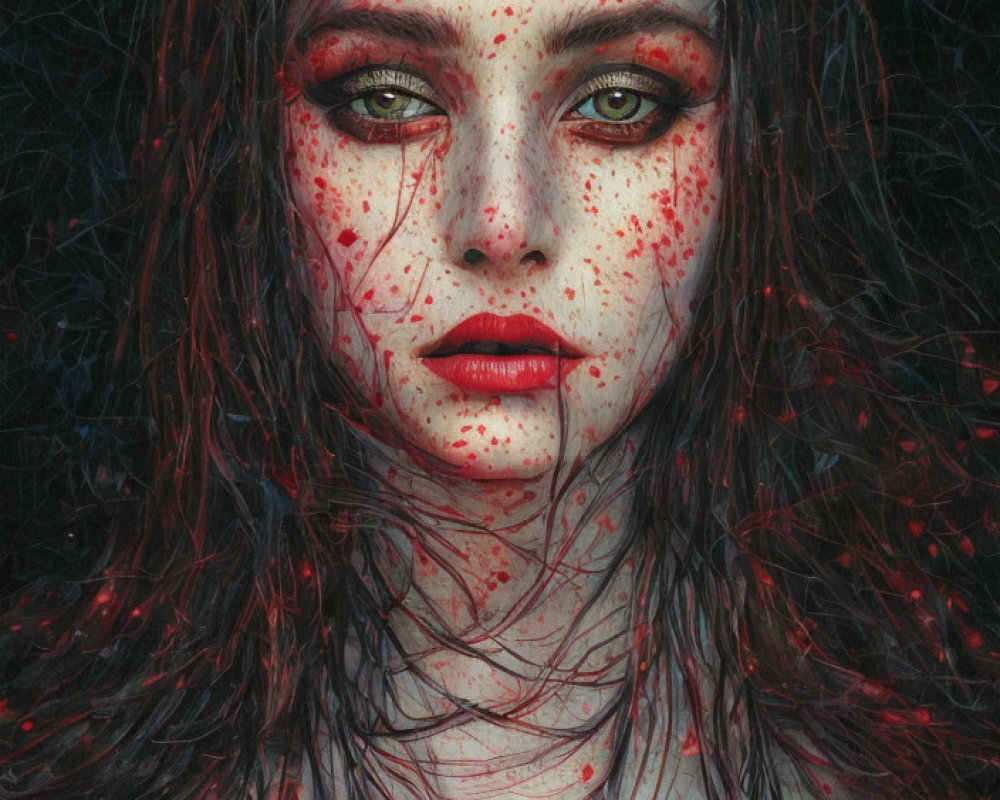 Woman with Green Eyes and Red-Splattered Face Staring Forward