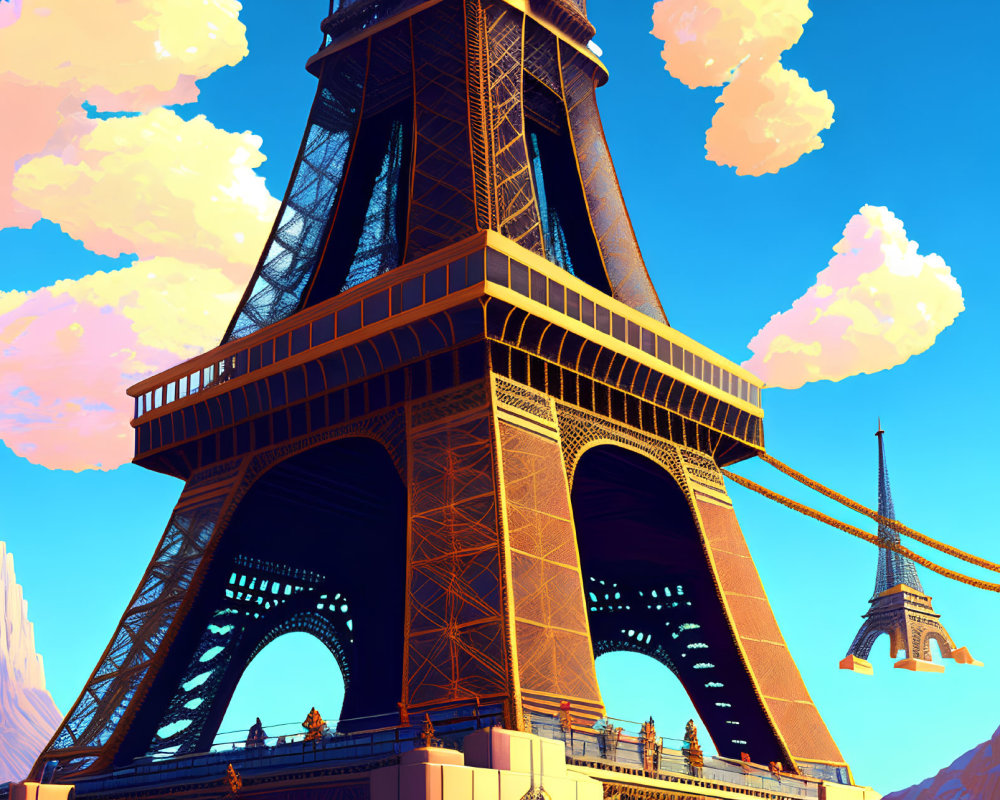 Stylized digital art: Two Eiffel Towers against blue sky