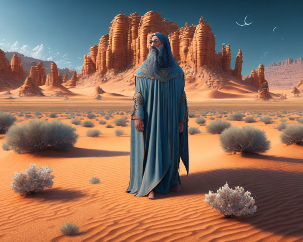 Robed Figure in Desert Landscape with Crescent Moon