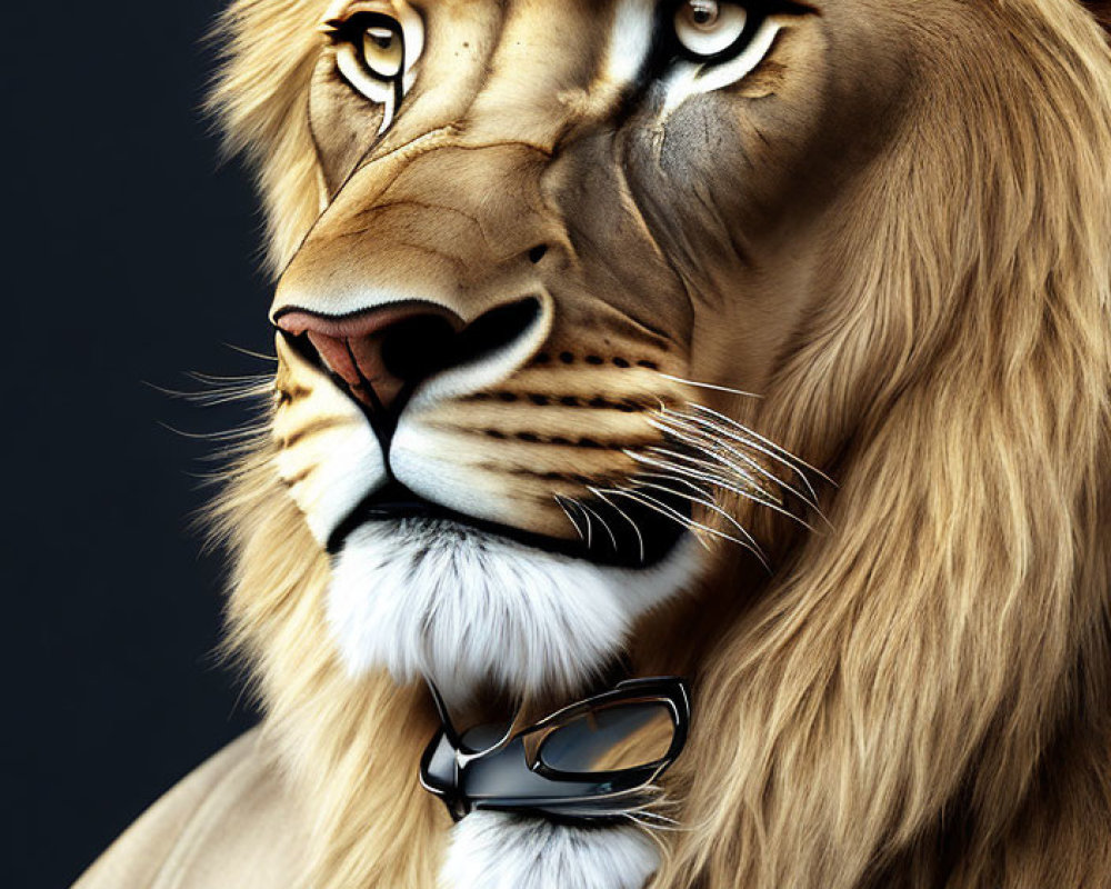 Stylized lion with human-like eyes and glasses in digital art