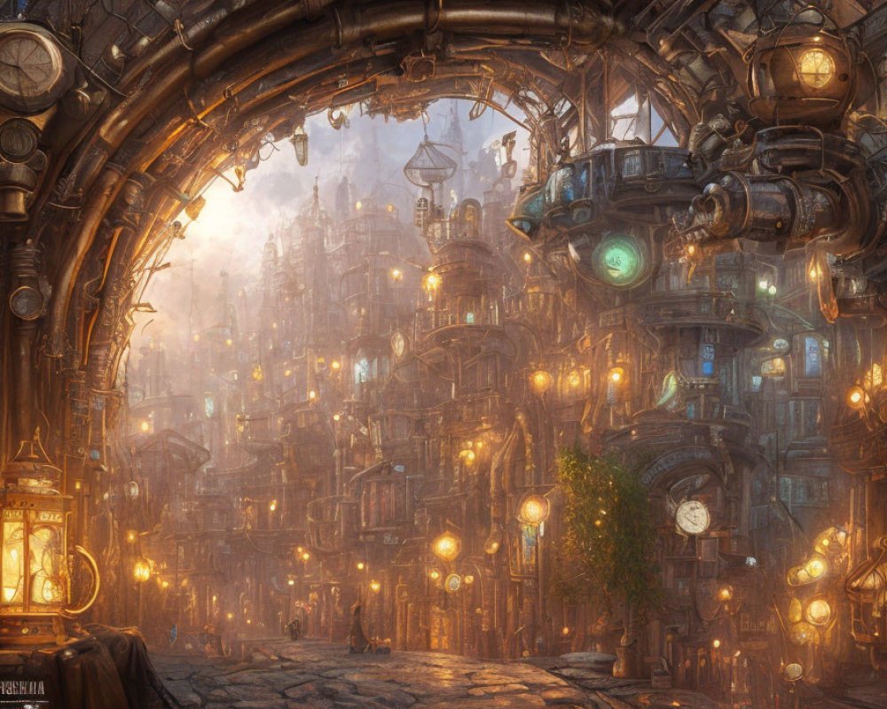 Steampunk cityscape with lit lamps and cogwheel structures