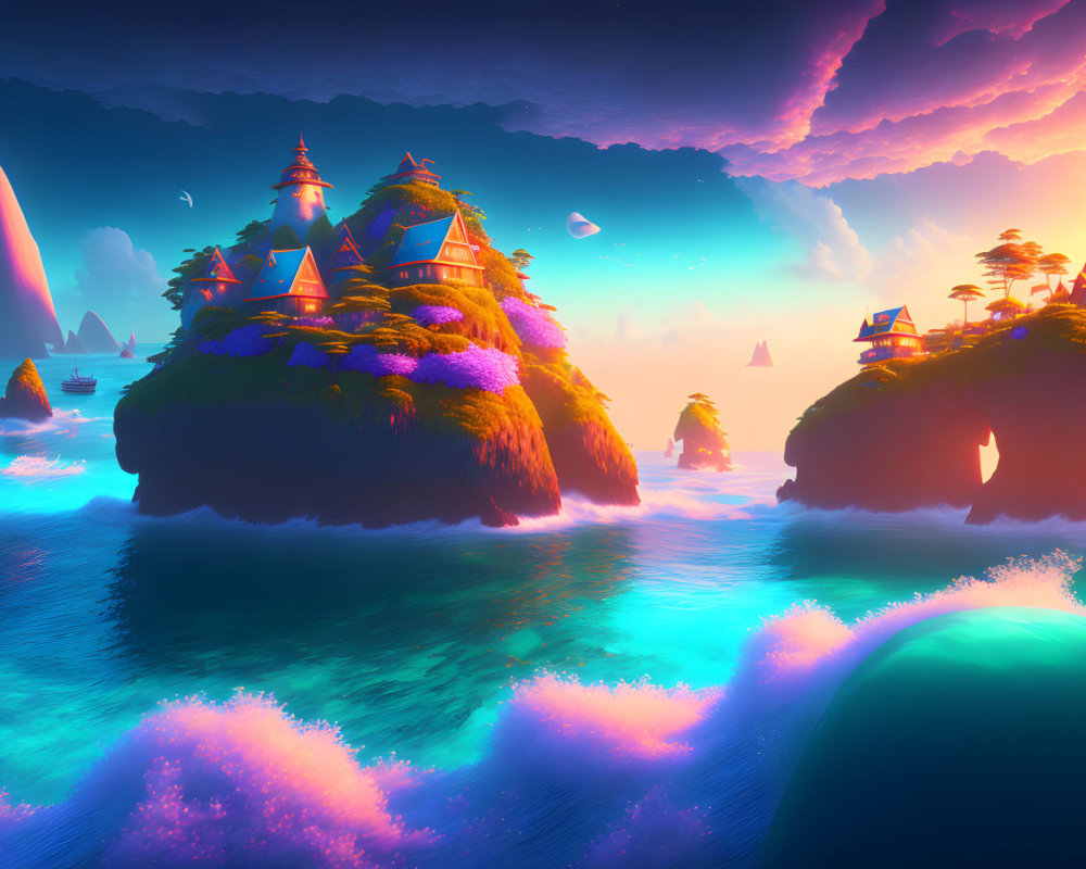 Fantastical landscape with floating islands and colorful houses