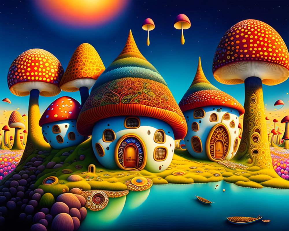 Colorful Mushroom Houses in Whimsical Fantasy Landscape