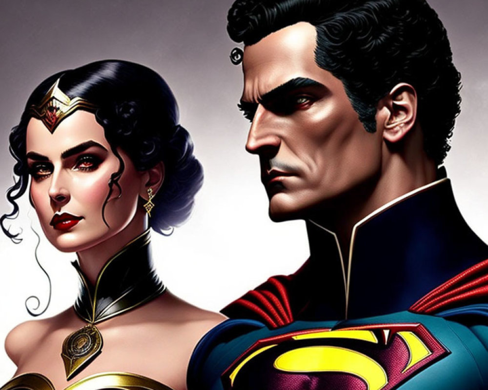 Superman and Wonder Woman Detailed Illustration of Iconic Costumes