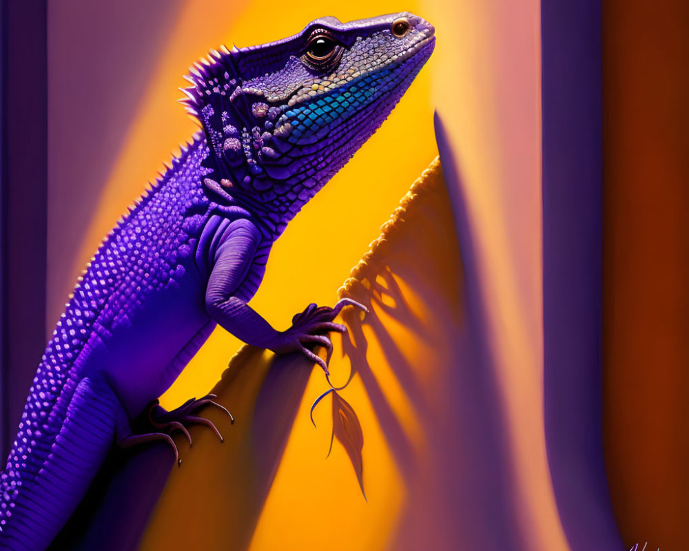 Colorful Blue Lizard Illustration on Branch Against Gradient Background