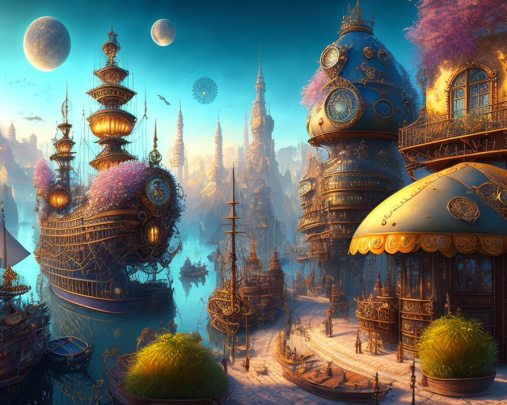 Fantasy City with Floating Islands and Ornate Airships