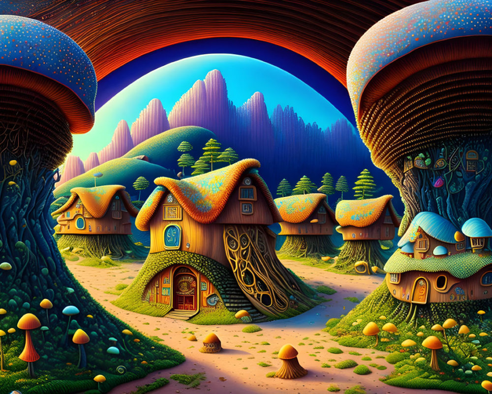 Whimsical Mushroom Houses in Fantasy Landscape