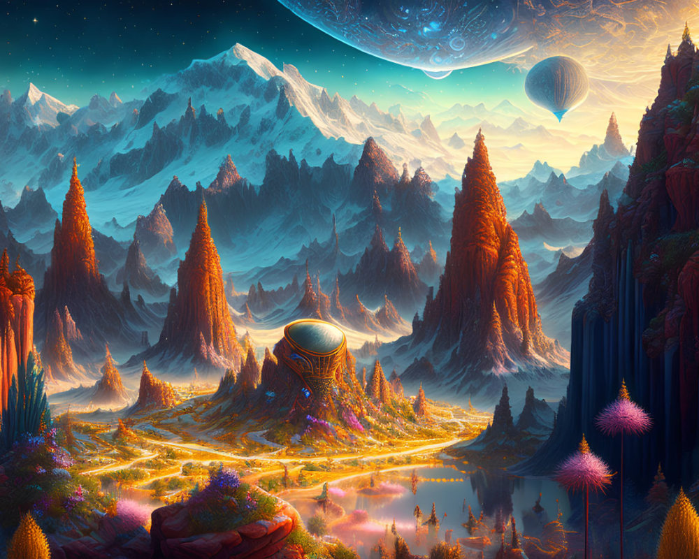 Vibrant fantastical landscape with futuristic structures and hot air balloons